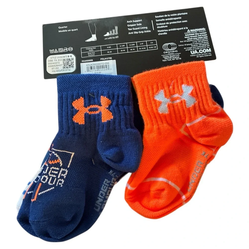 Under Armour Boys Multi Pack Quarter Sock, Royal Blue Orange 12-24 M new